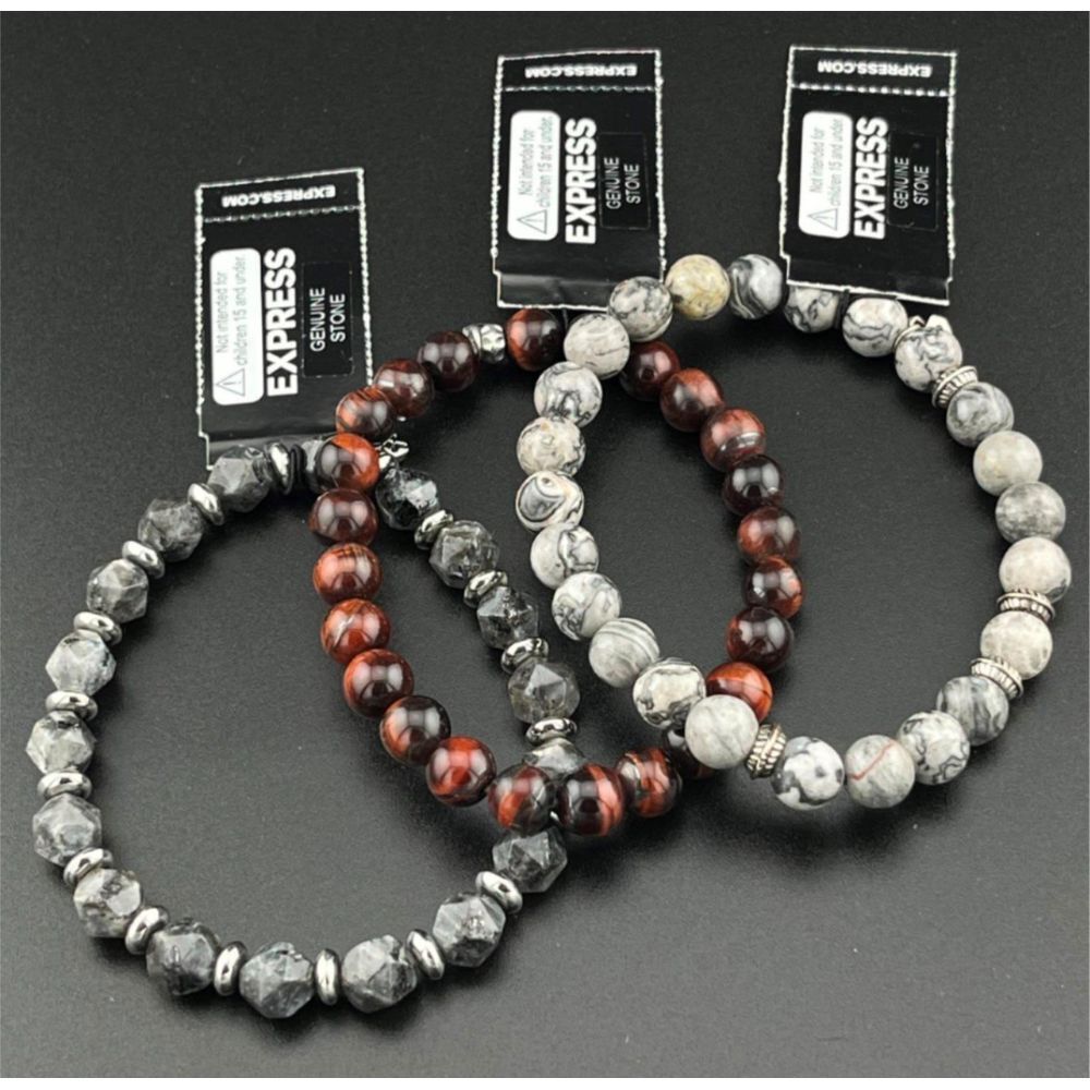 Express 3-Piece Semi-Precious Gemstone Bracelet Set Round Beaded Stretch NWT